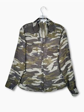 EXPRESS Portofino Sheer Camo‎ Shirt XS Green Roll Tab Long Sleeve Casual Top